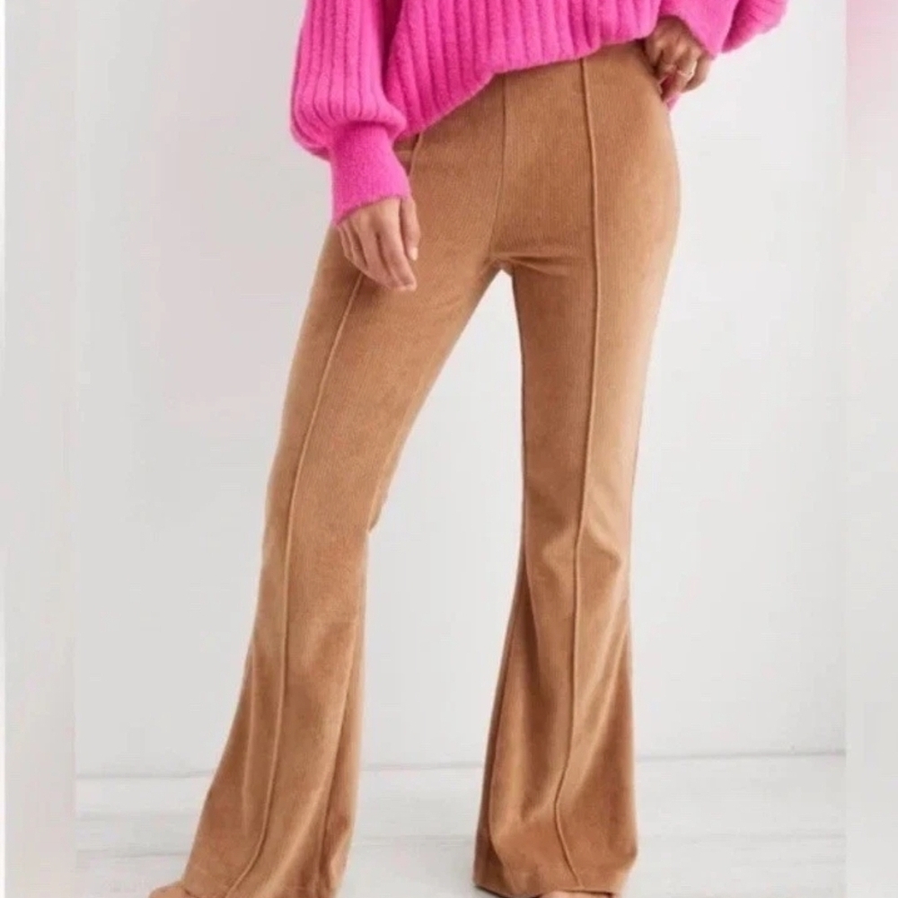 Aerie Groove-On Flare Corduroy Pull On Pants Tan Bohemian Womens Medium Reg